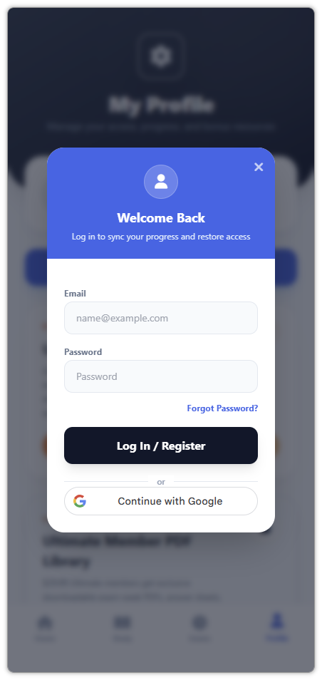 Welcome Back login modal with email password and Google options