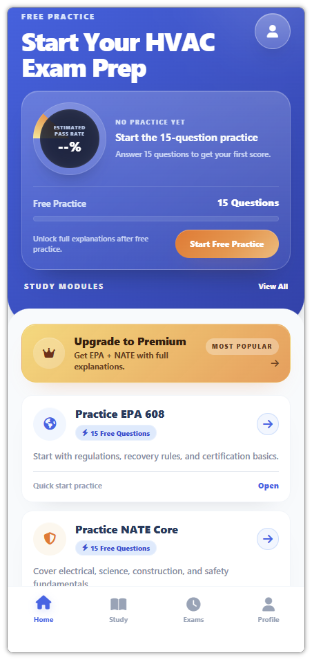 HVAC Exam Master home screen with estimated pass rate and free practice button