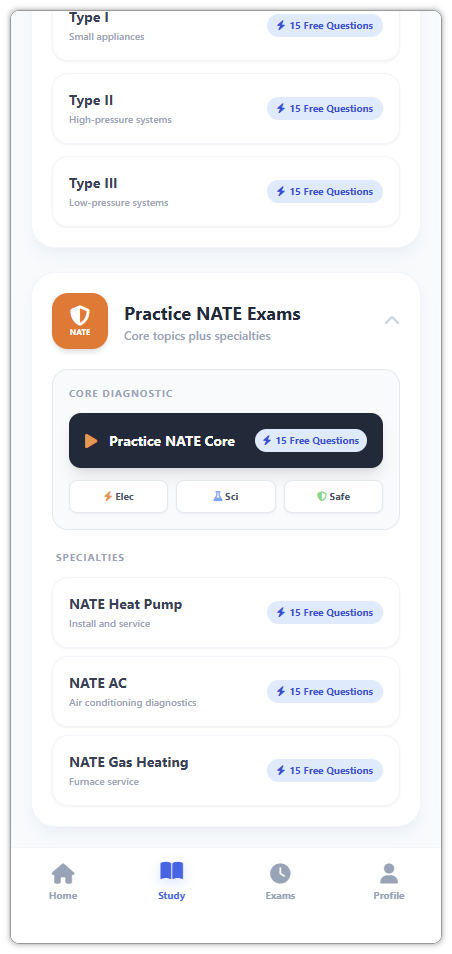 Study Center NATE exam module cards