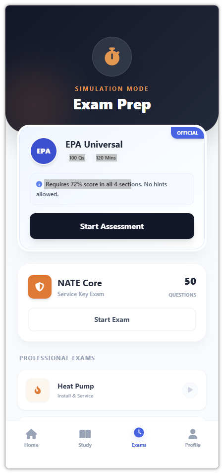 Simulation Mode with EPA Universal NATE Core and professional exams
